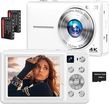 4K Digital Camera, 64MP Autofocus Vlogging Camera with Dual Lens, 16X White 