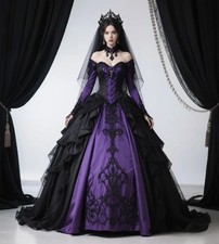 Dark Romantic Black And Purple Gothic Wedding Dress Ball Gown Long Sleeve Lace