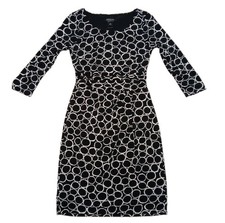 Ann Taylor XS Dress Cinched Waist Geometric Black White Knee Length 3/4 Sleeve