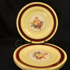 Wood & Sons 4 Plates 10 3/4" Ironstone Yellow Maroon Band Roses w/Gold 1907-1910