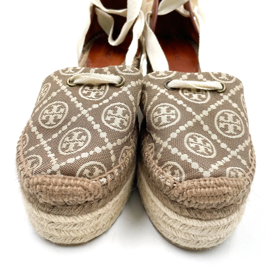 Tory Burch T-Monogram Espadrille Wedge Platform Ankle Tie Logo Brown Canvas Sz 8 - Image 3 of 4