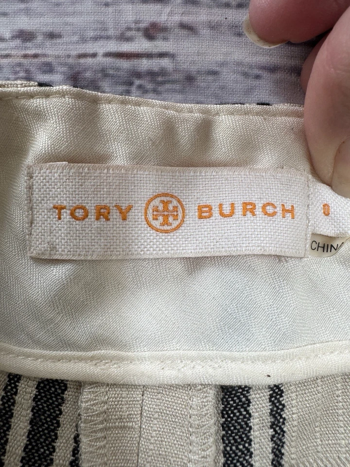 Pantalones Cortos Informales Tory Burch Edna Frente Plano Tiro Alto Lino a Rayas Talla 8 Beige Foto 4 de 4