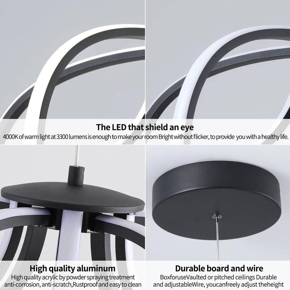 Lámpara de araña LED moderna, araña colgante ajustable negra, fácil de instalar, S... Foto 3 de 4