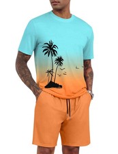Mens Graphic T Shirt Suits Tropical Print Beachwear Tracksuit 2 Piece Tee Sho...