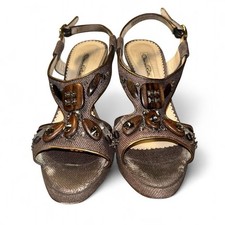 Oscar De La Renta Sz 40 Linen High Heel Sandal Beaded Rhinestone Embellished