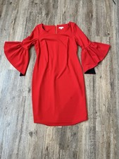 Calvin Klein Red Black Crepe Bell Sleeve Sheath Dress Knee Length Size 14