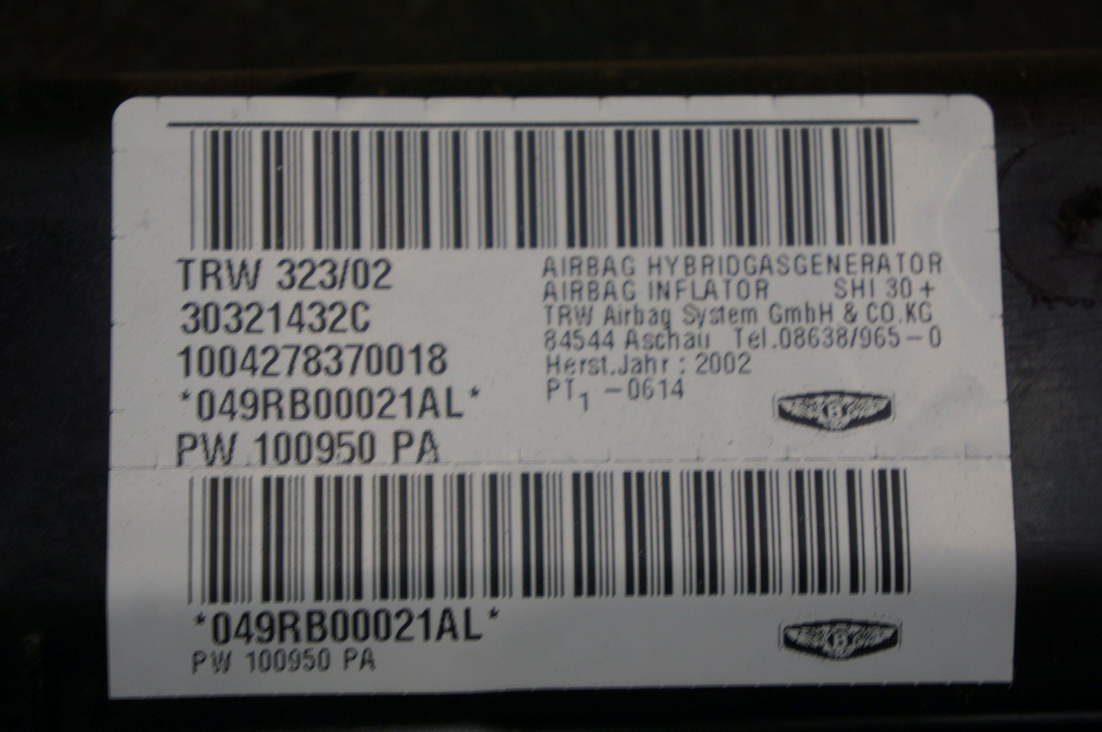 Right Curtain Overhead Roof Airbag PW100950PA OEM Bentley Arnage R T Diamond 03