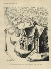 Vintage 1948 Postwar British Cartoon - HOUSING SHORTAGES -Prefabricated Housing