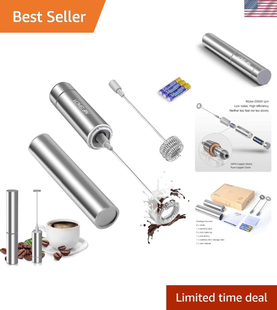 Milk Frother Handheld, Battery Operated Travel Coffee Frother Milk Foamer Dri...-image