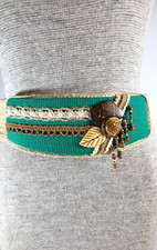 VTG 80's/90's Handmade Stretch Waist Belt Green Coconut Shell Wood Flowers beads
