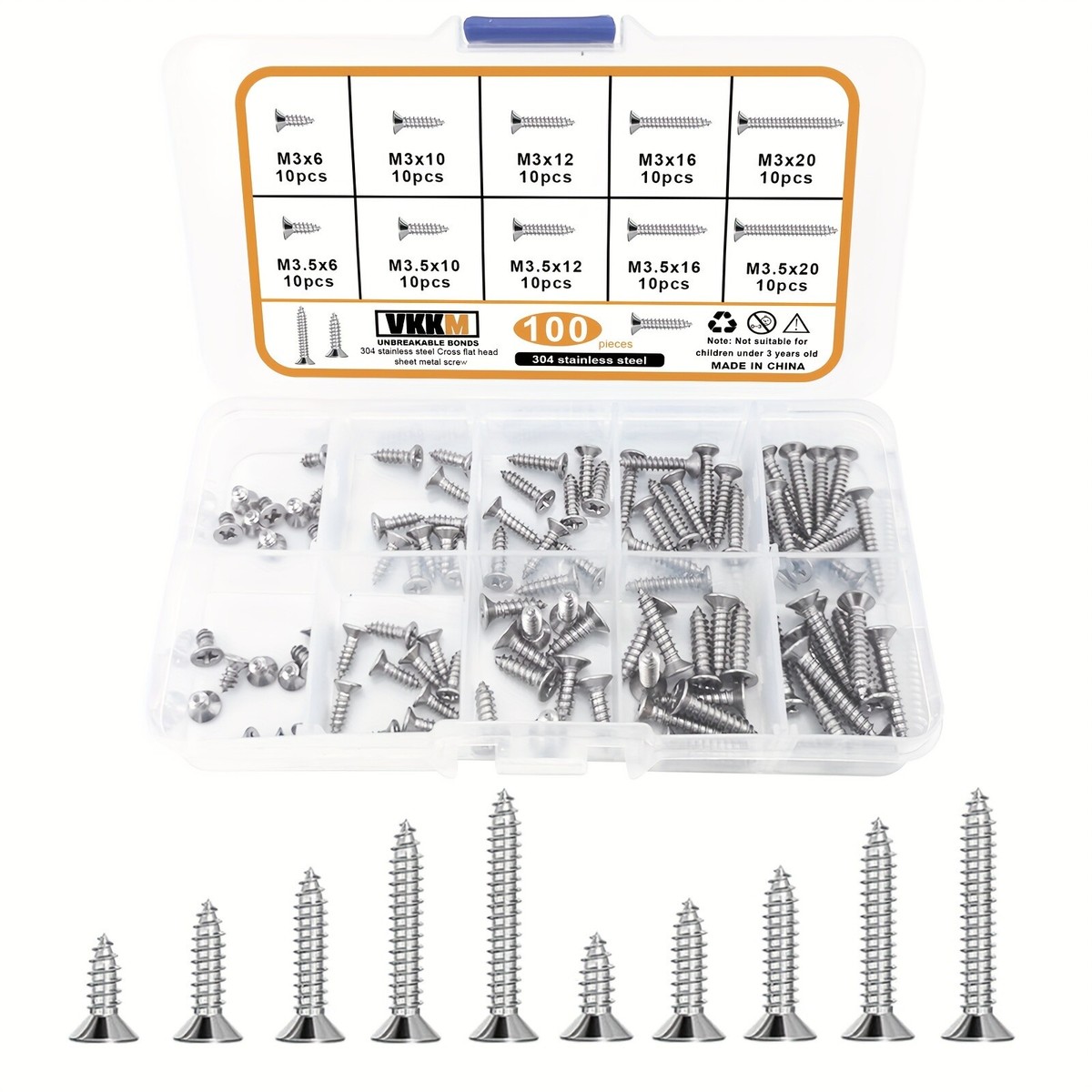 VKKM Stainless Steel Self-Tapping Wood Screw Assortment Kit, Self