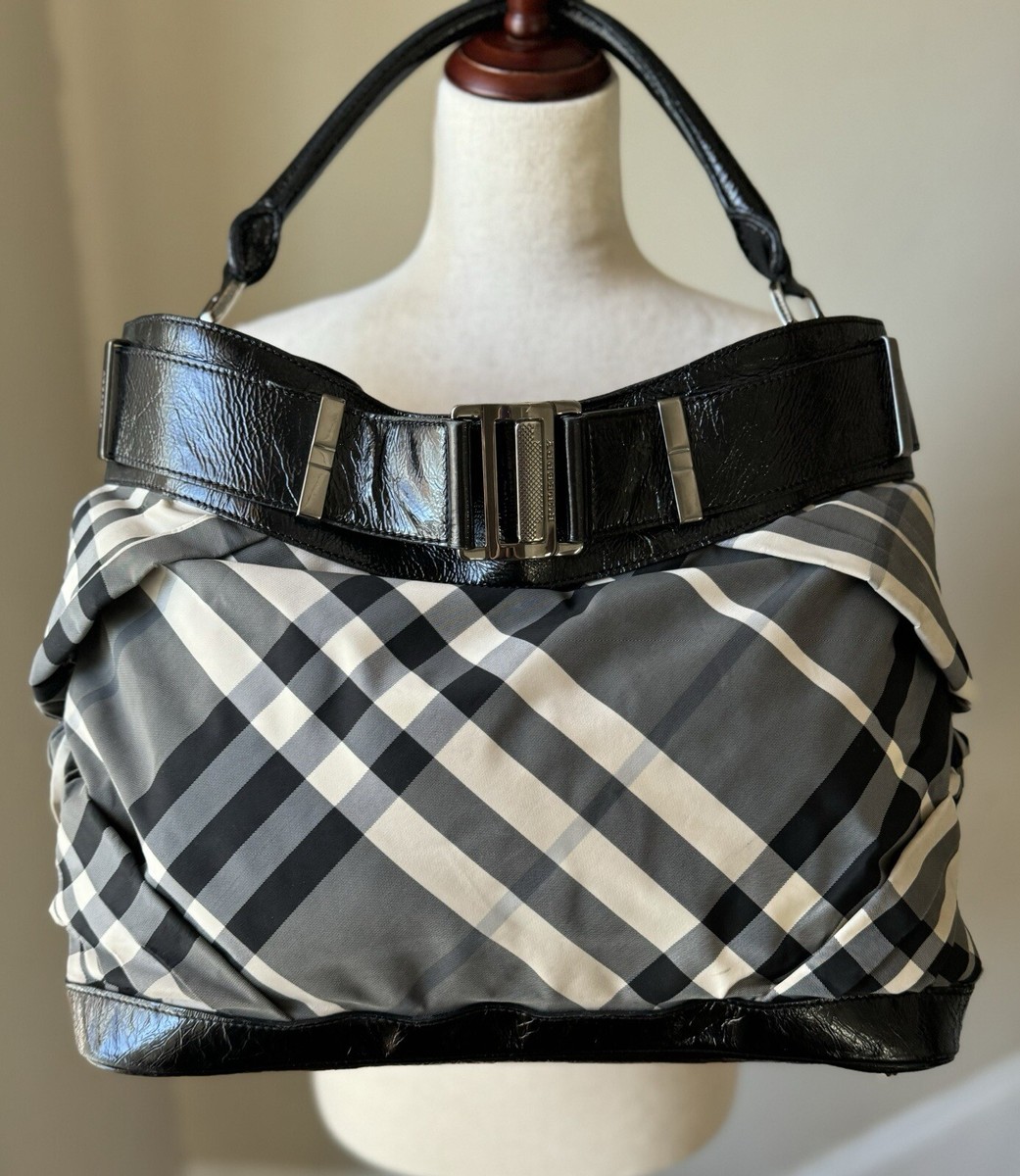 BURBERRY Beat CHECK Nylon w Black Patent Leather Trim Shoulder Bag