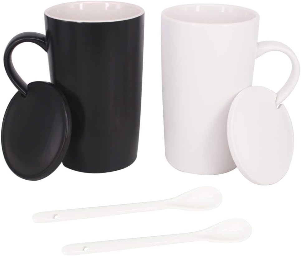 16Oz Set of 2 Ceramic Coffee Mug with Lid and Spoon, Milk Cup Classic Mug Drinki