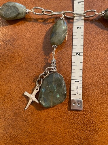 Collana Lariat in Labradorite con Croce Argento Sterling Toggle Lunghezza 25,5” - Foto 3 di 11