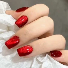 Short Squoval Fake Nail Red Cat Eye False Nail Glittering Colored Press on Nail 