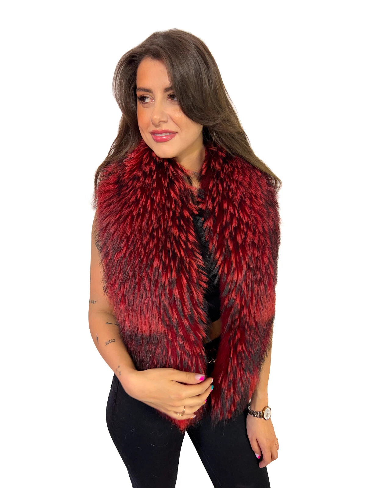 Silver Fox Fur Collar 55'' (140cm) Deep Red Saga Furs Scarf Stole Fur Shawl