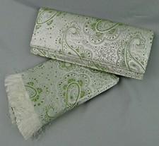 Lame Brocade Matching Evening Clutch Purse And Shawl Green Silver Paisley 1960s