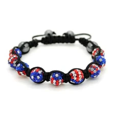 USA FLAG SHAMBALLA BEAD BRACELET 10mm Red White Blue Crystal US America Pride