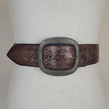 Brown Leather Belt XL Tooled Wide Antique Boho Rustic Western Patina Distressed
