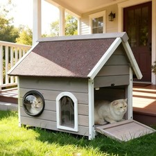 Outdoor Cat House with Escape Door, Wooden Elevated Outside Cat House