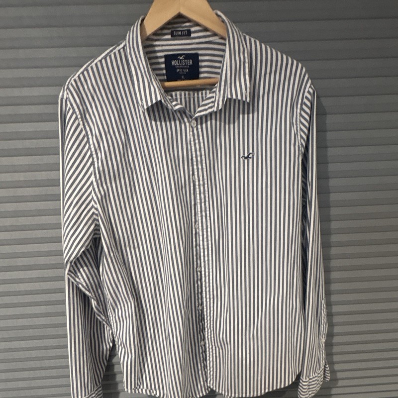 Hollister Epic Flex Men's XL Slim Fit Stretch Striped Blue/White Shirt