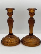 Candle Stick Holder Tiara Amber Indiana Glass Sandwich 8.5" Candlestick Set