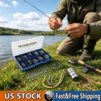 THKFISH 500PCS Barbed Fishing Hooks 10 Sizes Sharp Tackle Plastic Storage Box