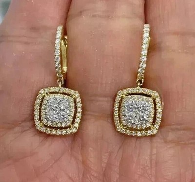 14K Yellow Gold Plated 2CT Round Cut Simulated Diamond Dangle Drop Earrings