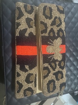 Shirdee Red Black Gold Striped Queen Bee Beaded Ladies Evening Handbag Purse