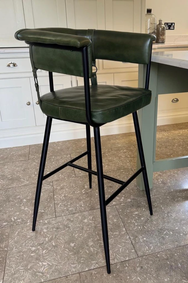 Leather Breakfast Bar Kitchen Counter Stool - Vintage Green Colour - Metal Legs - Image 2 of 4