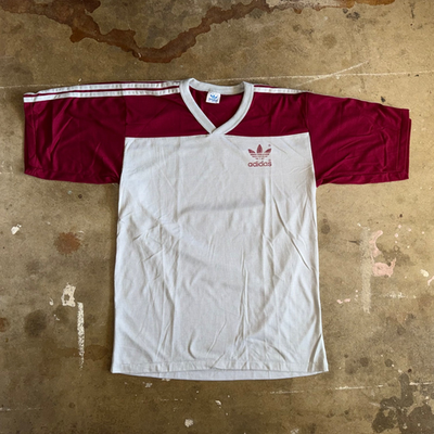 80s VINTAGE ADIDAS V-NECK TREFOIL BLANK, PLAIN GRAY RINGER T-SHIRT