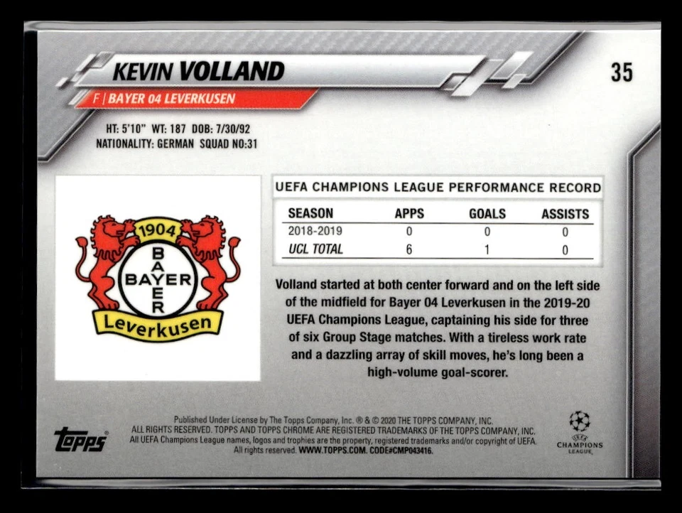 2019-20 Topps Chrome Sapphire Edition UEFA Champions League #35 Kevin Volland - Image 2 of 2