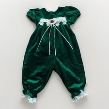 Vintage Baby Romper Velour Jumpsuit Lace Velvet Green Xmas Rare Editions 12M