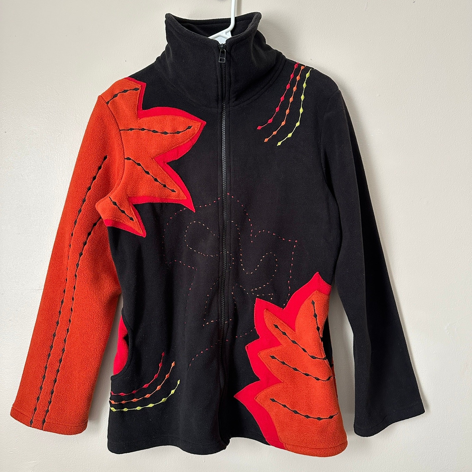 Boho Embroidered Autumn Leaves Fleece Jacket for Women Size Large