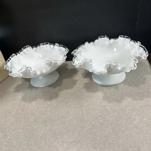 2Vintage Fenton Ribbon Edge  Milk Glass Compote Pedestal Candy Dish Ruffled Bowl
