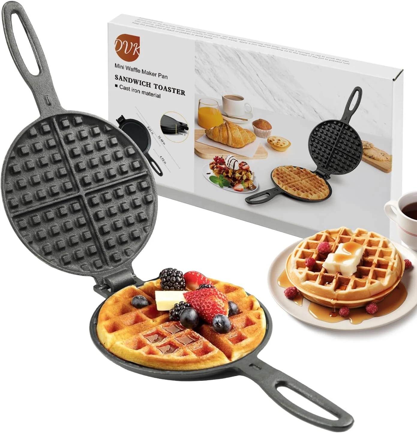 7 Inch round Cast Iron Waffle Iron Plant Oil Care Two Piece Hinged Non Electric