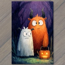 POSTCARD Fuzzy Horned Monsters Pumpkin Lantern Night Forest Halloween Cute