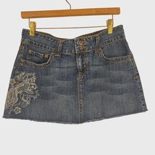 Vtg Y2K Jordache Low Rise Denim Mini Skirt Jr 9/10 Embroider Streetwear Raw Hem