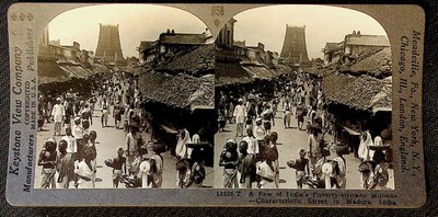 Madura India Street Scene Stereoview Keystone View Co. 1900s Curved Mount