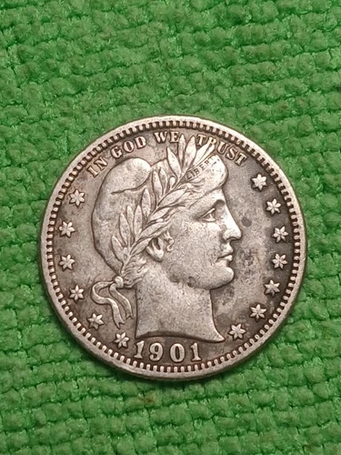 1901 Barber Quarter Full Liberty Nice Good Detail 90% Silver Coin
