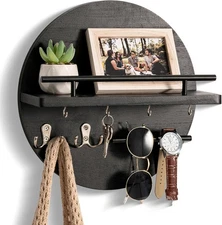 Key Holder for Wall Decorative with Shelf and Hooks, Mail Organizer Black 
