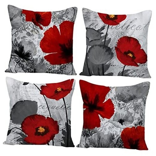 Black Red Flower Pillow Covers Love Pillow 18" x 18" (Pack of 4) Flower C