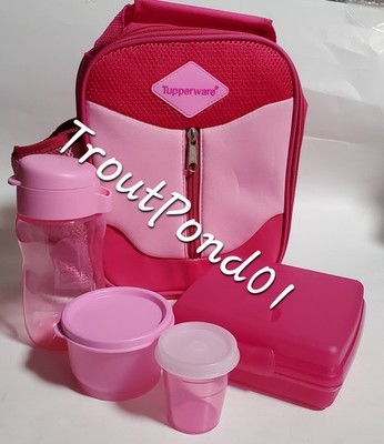 Tupperware Lunch Set Bag Pink Sandwich Keeper Bottle Snack Cup Containers New