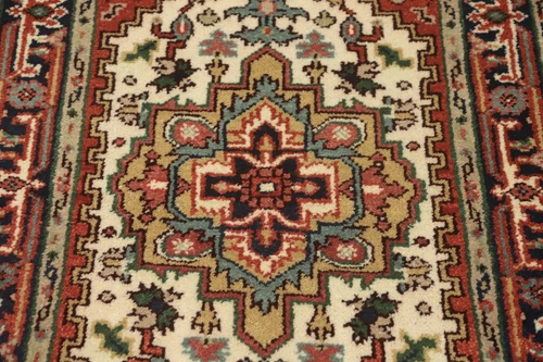 Hand-Knotted Medallion Wool Carpet Geometric Beige Indian Rug 3x5 Ft Foyer Rug - Picture 5 of 12