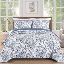 Botanical Queen Quilt Bedding Set, 3 Pieces Bedspread,Blue Floral Printed, Mic