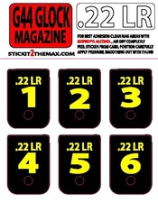FITS GLOCK 44 .22LR  YELLOW NUMBERED 1-6 MAGAZINE BASE PLATE STICKERS,set of 6