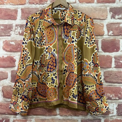 Zara Shirt Womens Large Multicolor Boho Floral Abstract Satin Button Up