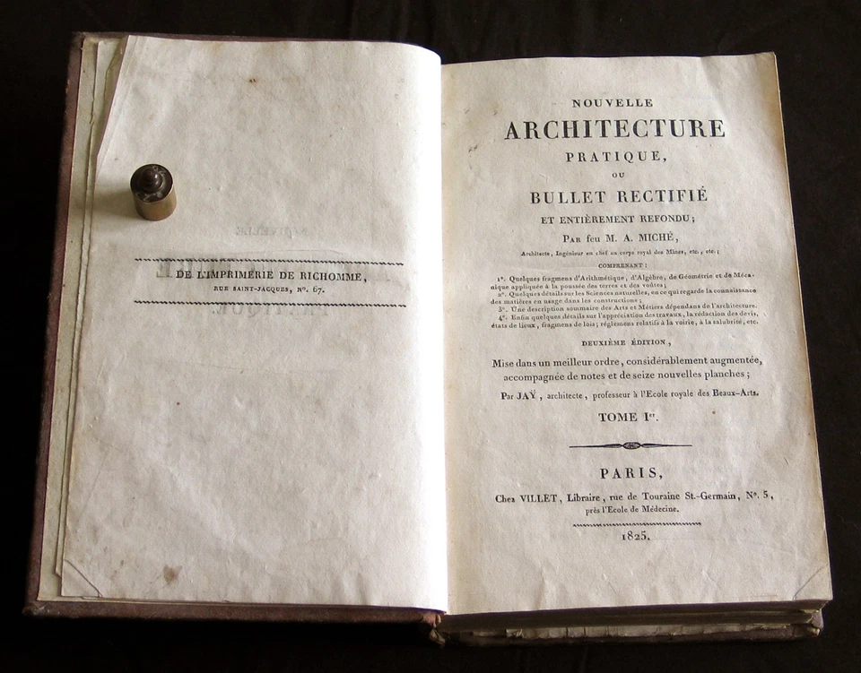 ARCHITECTURE PRATIQUE T 1 BULLET MICHÉ JAY MATHÉMATIQUES RELIÉ CUIR VILLET 1825 - Photo 4/4