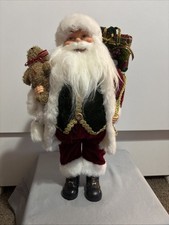 18  20" Santa Figurine w/Teddy Bear  Toy Sack Christmas Decor Velvet Outfit-VGUC