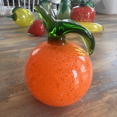 Art Glass Orange Hand Crafted Decorative Fruit With Green Stem Leaf Paperweight